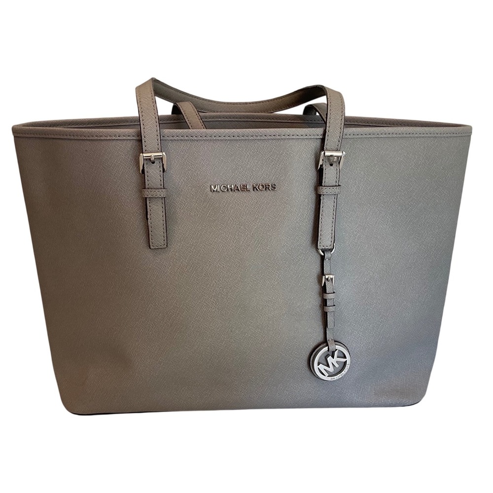 Michael Kors Large Tote Grey Saffiano Leather Shoulder Bag Silver Logo - Picture 1 of 8